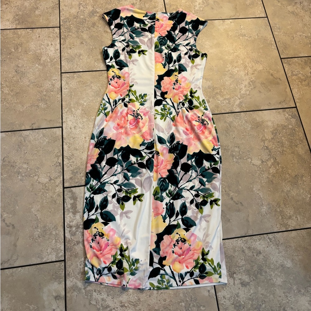London Times White Midi Sheath Dress with Pink and Yellow Floral Print
